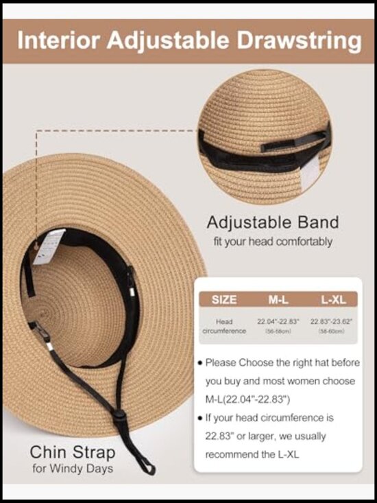 Packable Wide Brim Straw Hat UV Protection Adjustable Size Summer Beach Travel main image 4